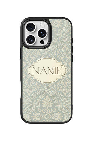 Flat lay view of personalized sage damask monogram design on custom iPhone 16 Pro Max case by MultiCustomize