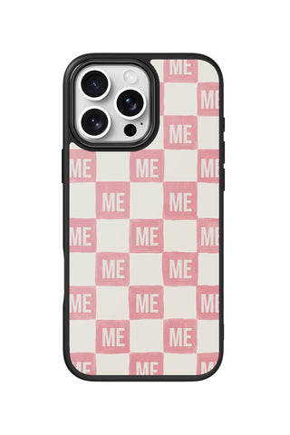 Flat lay view of personalized strawberry brush checkers monogram design on custom iPhone 16 Pro Max case by MultiCustomize