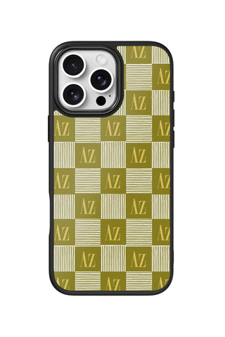 Flat lay view of personalized stripe checker monogram design on custom iPhone 16 Pro Max case by MultiCustomize