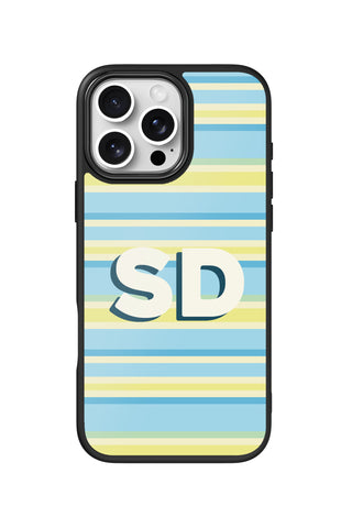 Flat lay view of personalized summer horizontal stripes monogram design on custom iPhone 16 Pro Max case by MultiCustomize