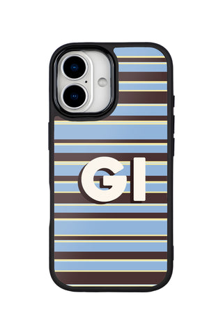 Flat lay view of personalized blue brown preppy stripe monogram design on custom iPhone 17 case by MultiCustomize