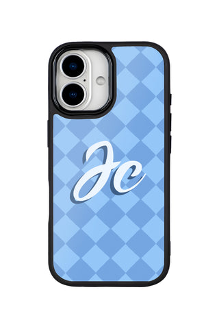 Flat lay view of personalized blue diamonds monogram design on custom iPhone 17 case by MultiCustomize