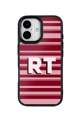 Flat lay view of personalized coquette burgundy stripe monogram design on custom iPhone 17 case by MultiCustomize