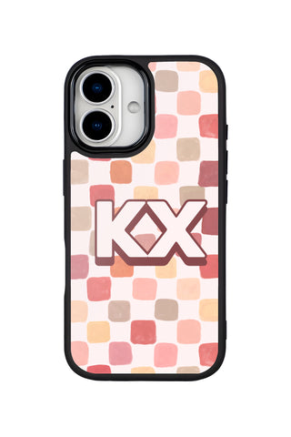 Flat lay view of personalized peach watercolor grid monogram design on custom iPhone 17 case by MultiCustomize
