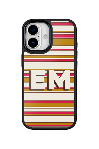 Flat lay view of personalized retro horizontal stripes monogram design on custom iPhone 17 case by MultiCustomize