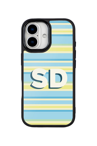 Flat lay view of personalized summer horizontal stripes monogram design on custom iPhone 17 case by MultiCustomize