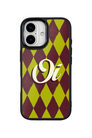 Flat lay view of personalized vintage argyle monogram design on custom iPhone 17 case by MultiCustomize