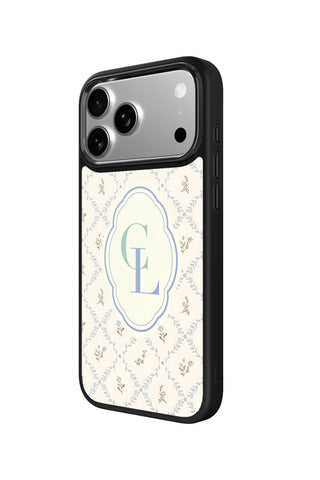 Side view and button details of custom monogram iPhone case by MultiCustomize