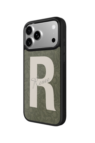 Side view and button details of custom monogram iPhone case by MultiCustomize