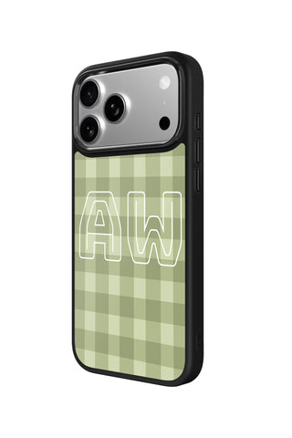 Side view and button details of custom monogram iPhone case by MultiCustomize