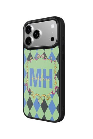 Side view and button details of custom monogram iPhone case by MultiCustomize