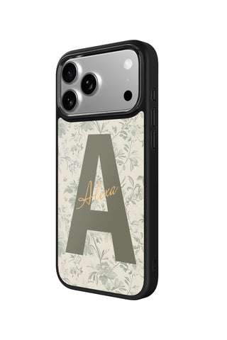 Side view and button details of custom monogram iPhone case by MultiCustomize