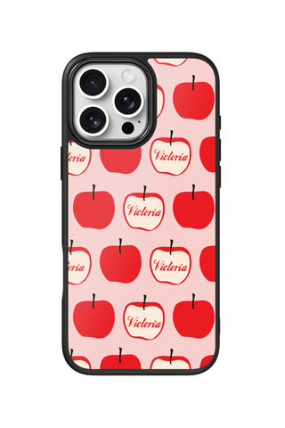 Flat lay view of personalized apple slice Name design on custom iPhone 16 Pro Max case by MultiCustomize
