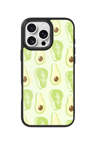 Flat lay view of personalized avocado club Name design on custom iPhone 16 Pro Max case by MultiCustomize