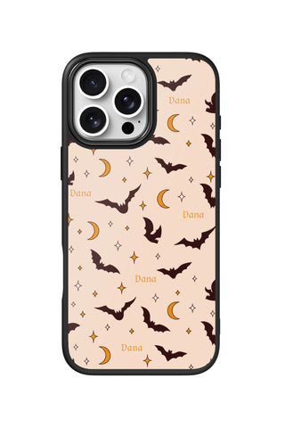 Flat lay view of personalized bats night Name design on custom iPhone 16 Pro Max case by MultiCustomize