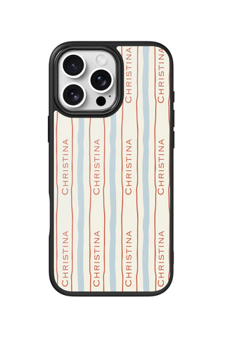 Flat lay view of personalized blue soft stripes Name design on custom iPhone 16 Pro Max case by MultiCustomize