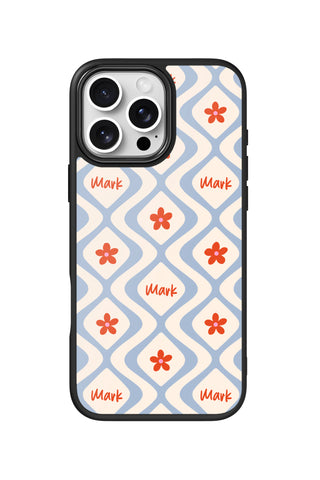 Flat lay view of personalized blue trellis Name design on custom iPhone 16 Pro Max case by MultiCustomize