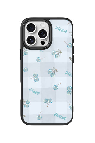 Flat lay view of personalized crystal cherries Name design on custom iPhone 16 Pro Max case by MultiCustomize