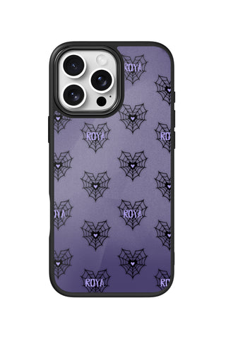 Flat lay view of personalized halloween lilac webs Name design on custom iPhone 16 Pro Max case by MultiCustomize