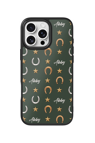 Flat lay view of personalized lucky horseshoes Name design on custom iPhone 16 Pro Max case by MultiCustomize