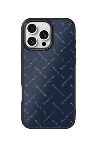 Flat lay view of personalized nameprint navy Name design on custom iPhone 16 Pro Max case by MultiCustomize