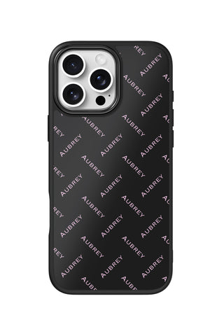 Flat lay view of personalized nameprint pink Name design on custom iPhone 16 Pro Max case by MultiCustomize