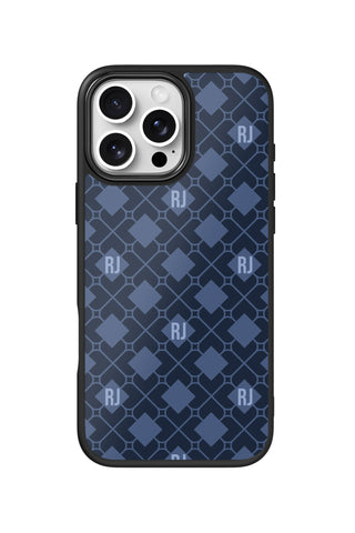Flat lay view of personalized navy argyle Name design on custom iPhone 16 Pro Max case by MultiCustomize