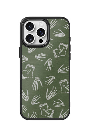 Flat lay view of personalized olive bones Name design on custom iPhone 16 Pro Max case by MultiCustomize