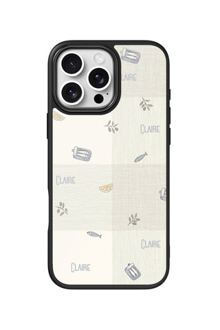 Flat lay view of personalized pantry patchwork Name design on custom iPhone 16 Pro Max case by MultiCustomize