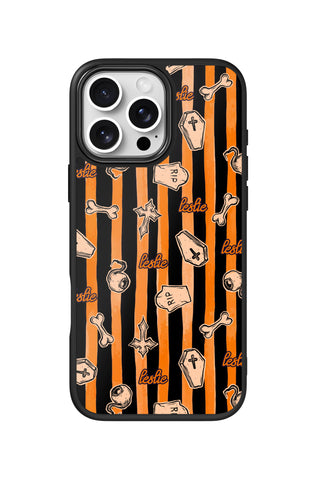 Flat lay view of personalized pumpkin stripes Name design on custom iPhone 16 Pro Max case by MultiCustomize