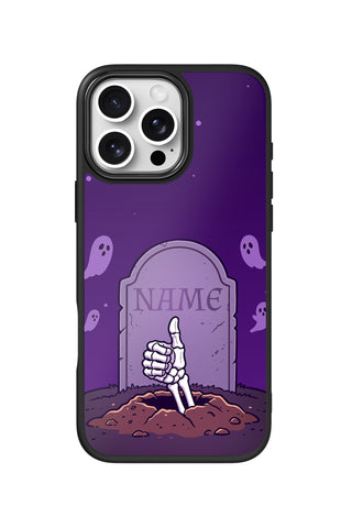 Flat lay view of personalized skeleton thumbs up Name design on custom iPhone 16 Pro Max case by MultiCustomize