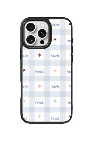 Flat lay view of personalized starlit gingham Name design on custom iPhone 16 Pro Max case by MultiCustomize