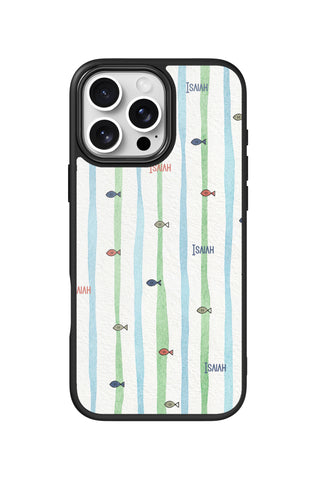 Flat lay view of personalized watercolor shoal Name design on custom iPhone 16 Pro Max case by MultiCustomize