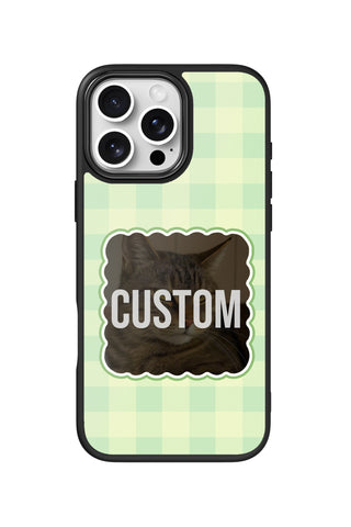 Flat lay view of personalized green gingham Photo design on custom iPhone 16 Pro Max case by MultiCustomize
