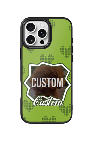 Flat lay view of personalized green pixel Photo design on custom iPhone 16 Pro Max case by MultiCustomize