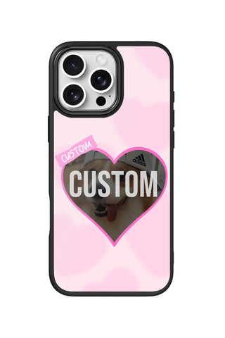 Flat lay view of personalized heart frame Photo design on custom iPhone 16 Pro Max case by MultiCustomize