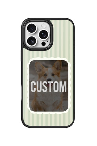 Flat lay view of personalized pastel mint stripe Photo design on custom iPhone 16 Pro Max case by MultiCustomize