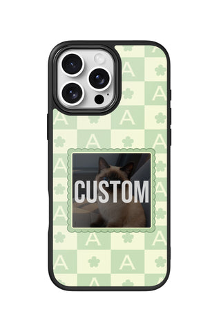 Flat lay view of personalized prep clover Photo design on custom iPhone 16 Pro Max case by MultiCustomize