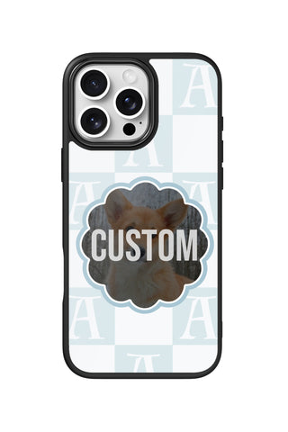 Flat lay view of personalized preppy checker Photo design on custom iPhone 16 Pro Max case by MultiCustomize