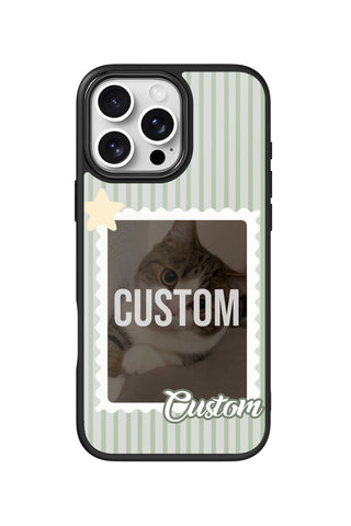 Flat lay view of personalized sage sticker Photo design on custom iPhone 16 Pro Max case by MultiCustomize
