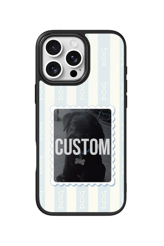 Flat lay view of personalized stamp frame Photo design on custom iPhone 16 Pro Max case by MultiCustomize