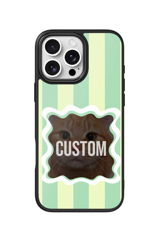 Flat lay view of personalized wavy snap Photo design on custom iPhone 16 Pro Max case by MultiCustomize