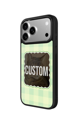 Side view and button details of custom monogram iPhone case by MultiCustomize