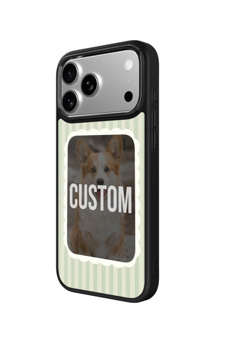 Side view and button details of custom monogram iPhone case by MultiCustomize