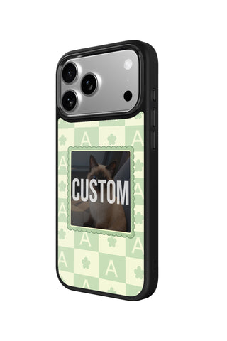 Side view and button details of custom monogram iPhone case by MultiCustomize