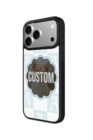 Side view and button details of custom monogram iPhone case by MultiCustomize
