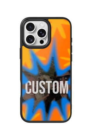 Flat lay view of personalized cobalt burst frame Photo design on custom iPhone 16 Pro Max case by MultiCustomize