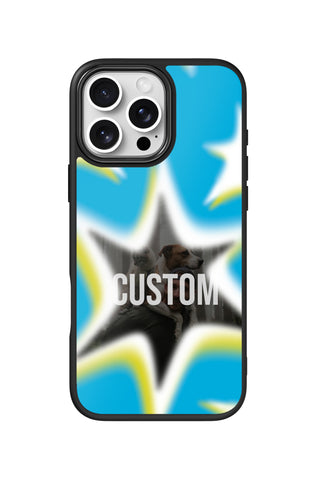 Flat lay view of personalized cyan  starburst frame Photo design on custom iPhone 16 Pro Max case by MultiCustomize