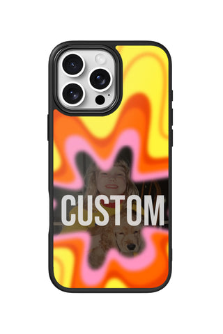 Flat lay view of personalized melting wave frame Photo design on custom iPhone 16 Pro Max case by MultiCustomize