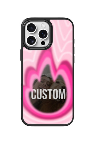 Flat lay view of personalized pink flame frame Photo design on custom iPhone 16 Pro Max case by MultiCustomize